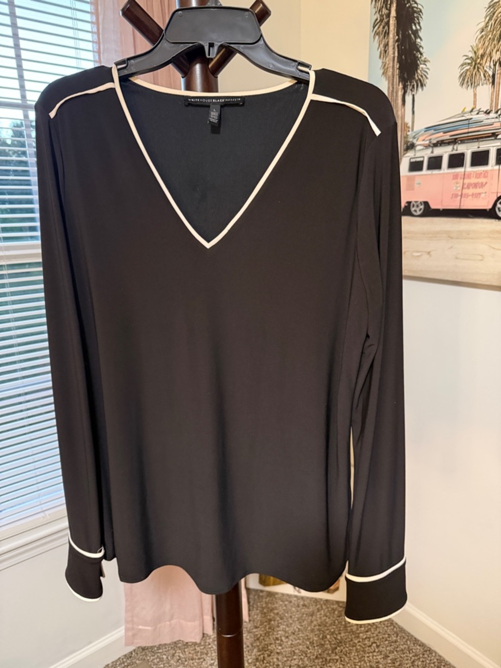 White House Black Market Black Long Sleeve Top with White Trim